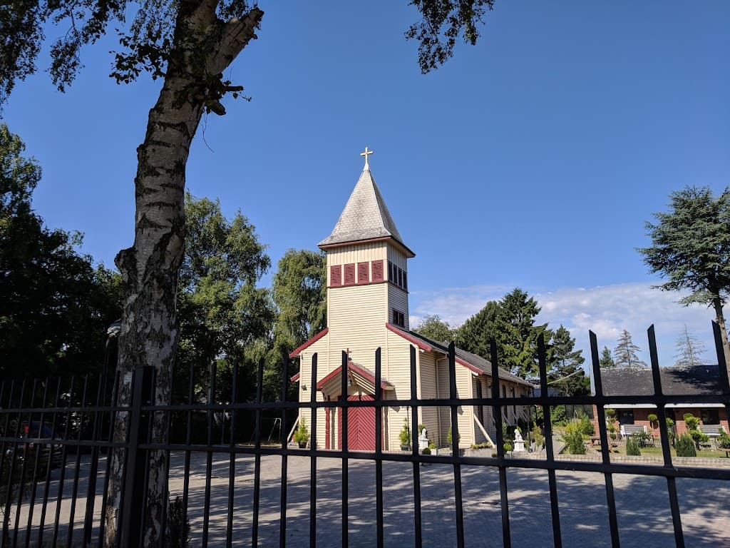 Church exterior front view with beautiful steeple
